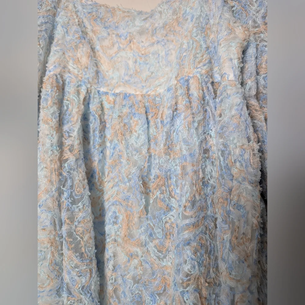 Storia Babydoll Dress Blue Tan Lacey Puff Sleeve Ruffle Square Neck Cottage Core - Picture 10 of 10